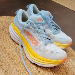 Hoka Women's Athletic Shoes - Light Blue and Yellow BONDI 8